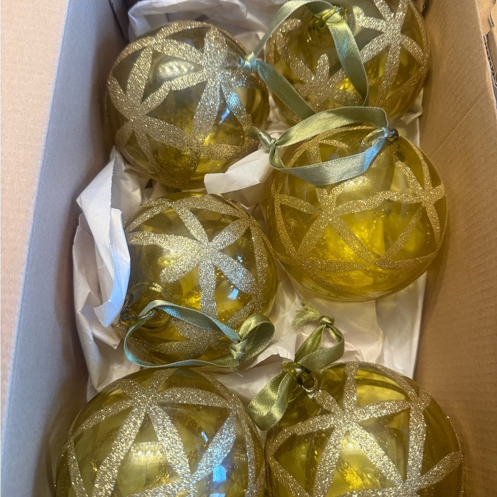 Pottery Barn Gold and Green Glass Holiday Ornaments (set of 6)